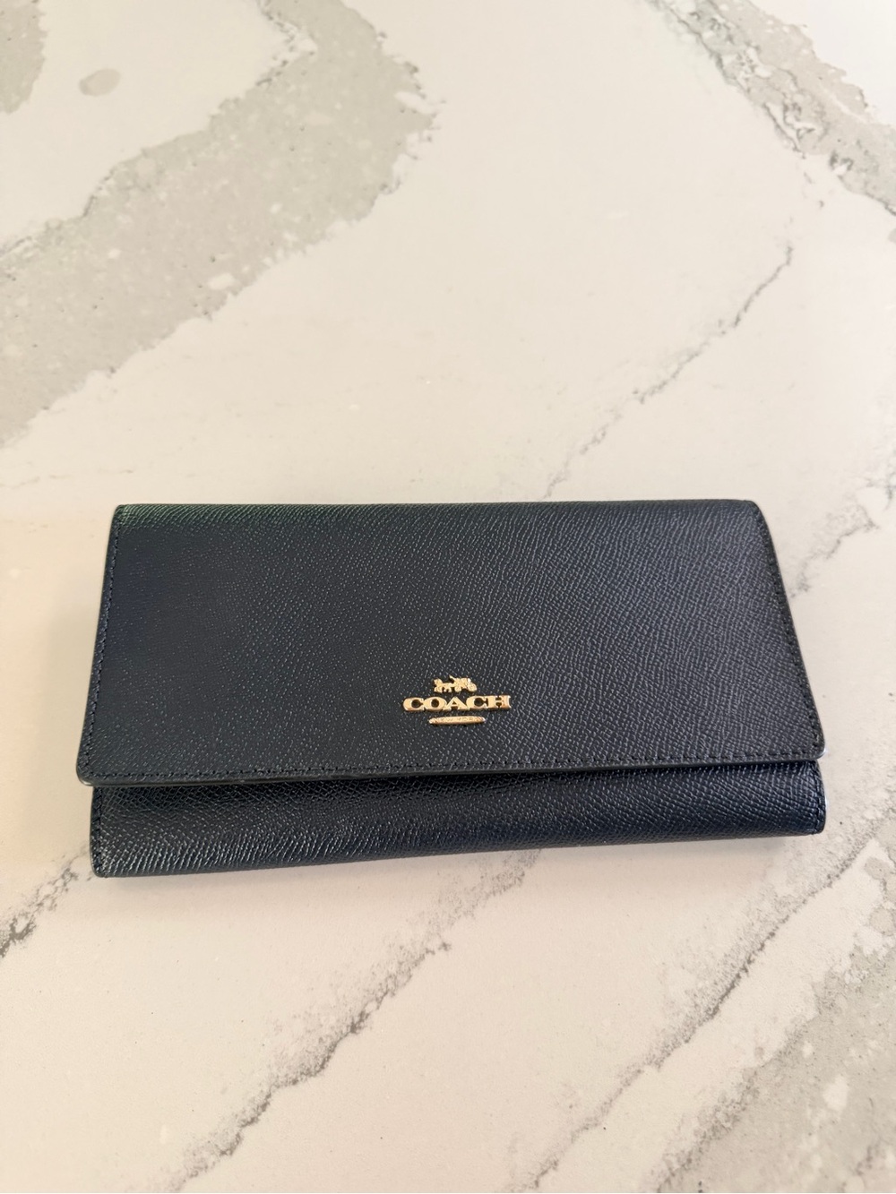 Coach Navy Leather Folded Continental Wallet with Gold Logo
